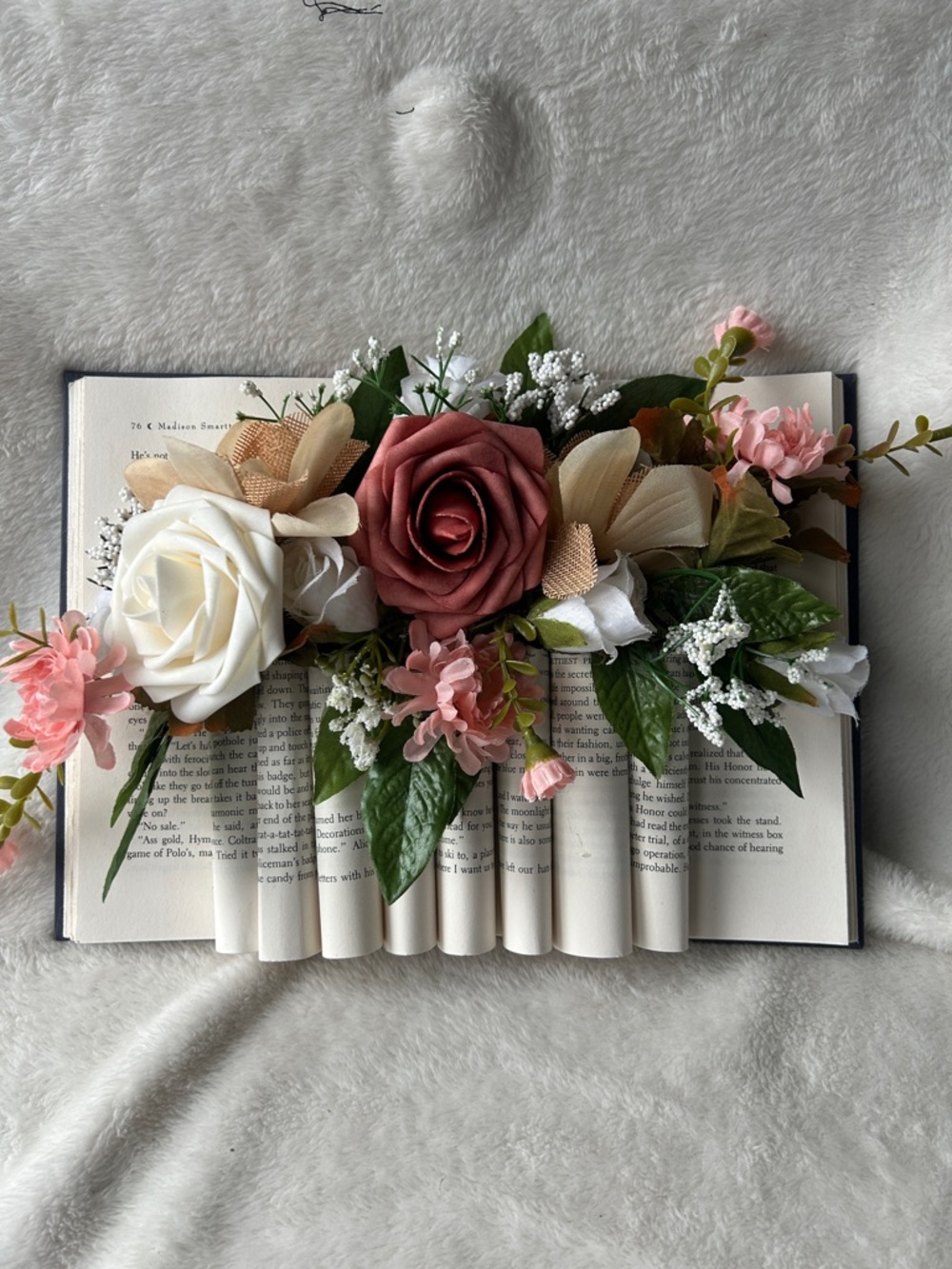 Faux Floral Book Centerpiece in White, Blush & Mauve